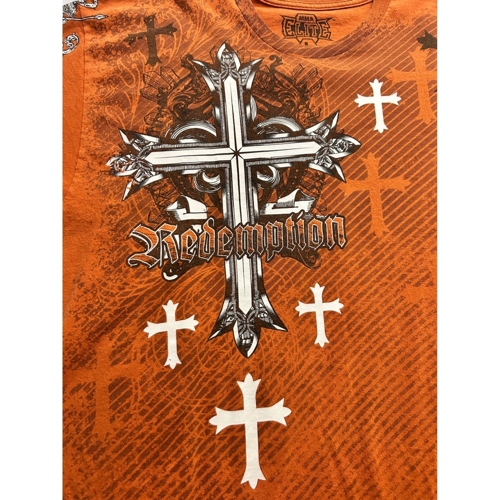MMA Elite Mens Orange Redemption Cross Graphic T-Shirt Y2K Gothic Size Large - Picture 4 of 8